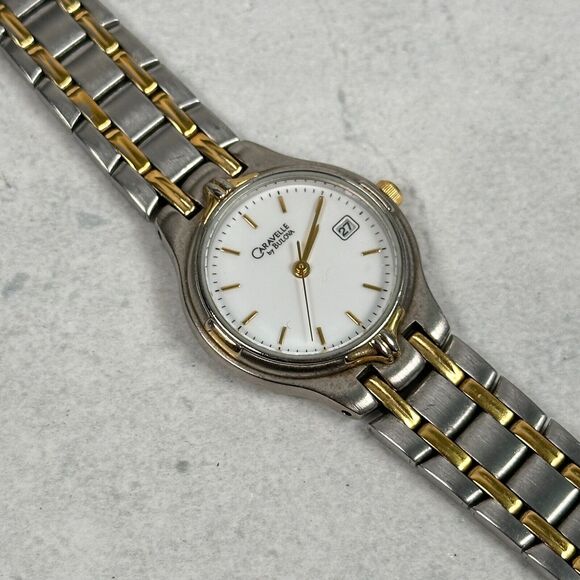 Caravelle Bulova Watch Womens 25mm Date White Dial Two Tone 6.75" New Battery - Picture 1 of 12